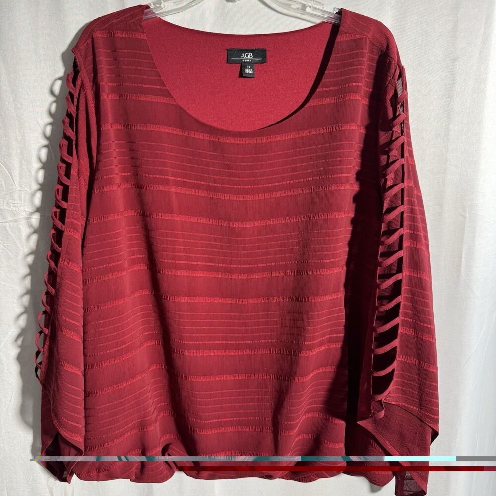 AGB Red Blouse 3X Plus Size Lattice Sleeve Textured Stripe Career Top Shirt